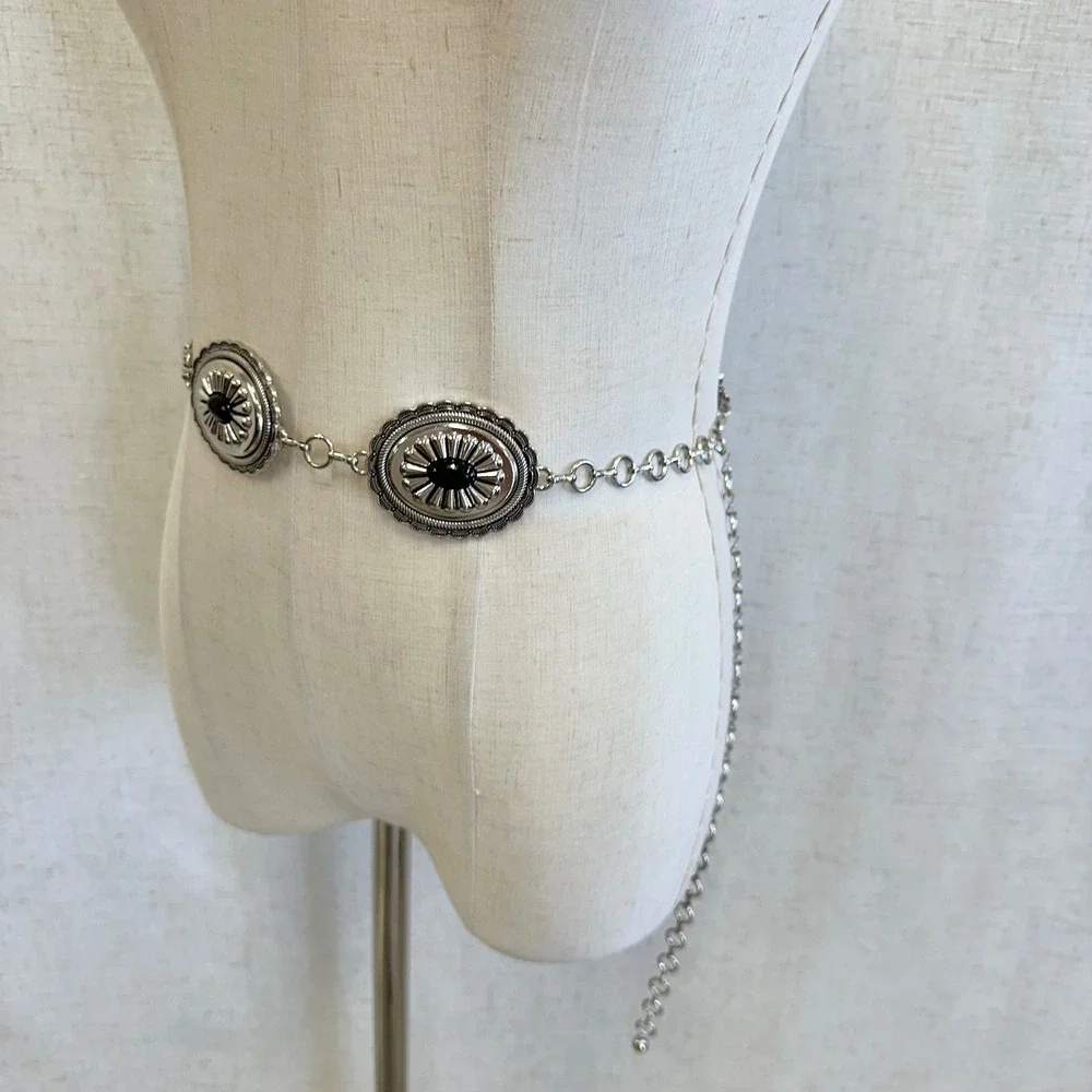 Silver Concho Chain Belt Black Faux Stone Western Boho Adjustable XS/Small‎